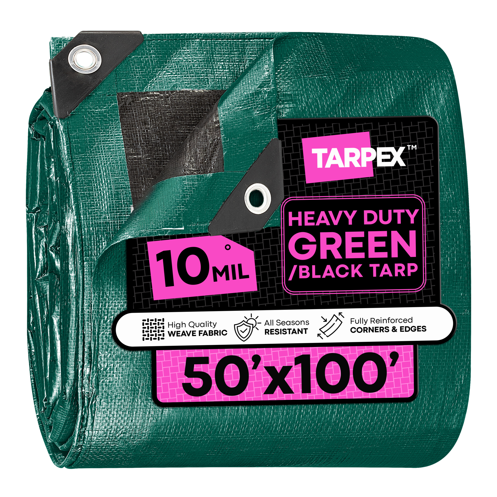 TARPEX 50' x 100' Green/Black Waterproof Heavy-Duty 10 Mil Polyethylene Tarp with Reinforced Edges – Multipurpose Outdoor Cover
